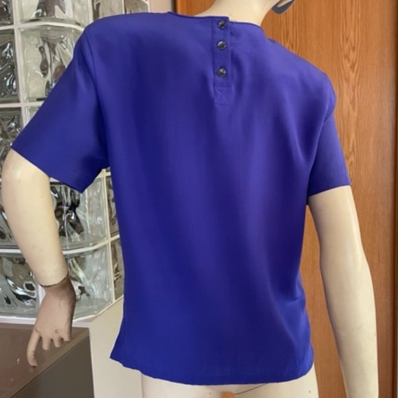 Vintage LIZ CLAIBORNE SILK BLOUSE Royal Blue, Short Sleeve, Petite Collection 4 - Picture 4 of 7